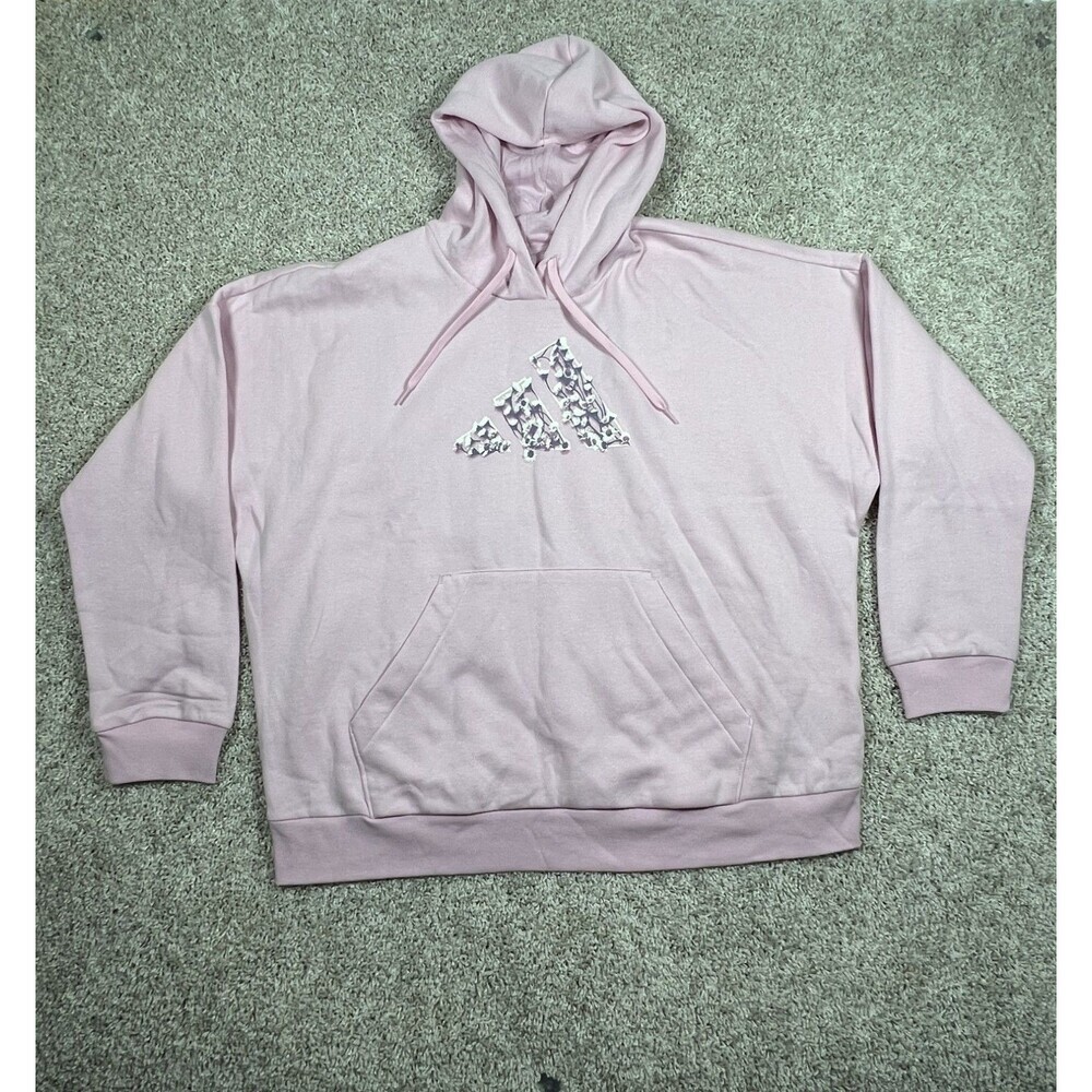 Adidas Floral Logo Hoodie 2XL Pink Fleece Pullover Sweatshirt NWT